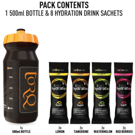 TORQ HYDRATION 500ML BOTTLE SAMPLE PACK  8 DRINKS 2 X 4 FLAVOURS  500ML